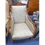 19TH CENTURY INLAID MAHOGANY ARMCHAIR ON SQUARE SUPPORTS