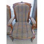 LATE 19TH CENTURY MAHOGANY FRAMED ARMCHAIR ON TURNED SUPPORTS