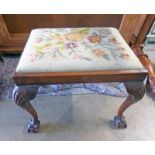 MAHOGANY STOOL WITH SHAPED SUPPORTS AND TAPESTRY TOP - LENGTH 54CM