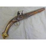 18TH CENTURY CONTINENTAL FLINTLOCK HOLSTER PISTOL POSSIBLY TURKISH WITH A 20 CM LONG RINGED STEEL