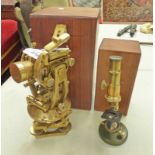 SMALL BRASS MICROSCOPE WITH WOODEN CASE AND A BRASS THEODOLITE WITH A WOODEN BOX -2-