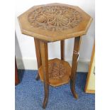 ARTS & CRAFTS STYLE TABLE WITH OCTAGONAL TOP & CARVED DECORATION