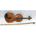 VIOLIN WITH A 36CM LONG 2 PIECE BACK, LABEL TO INTERIOR READS 'COPY OF A ANTONIOS STRADIVARIAS',