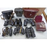 VARIOUS BINOCULARS TO INCLUDE A PAIR 'THE IMPERIAL' 8X WITH BRITISH ARMY MARKS,