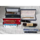 3 GOLD PLATED PARKER PENS, CONWAY STEWART PEN, TOMBOW PEN,