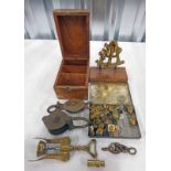 BRASS MINIATURE SEXTANT ON STAND, MILITARY BUTTONS, BRASS CORK SCREW, PULLEYS,