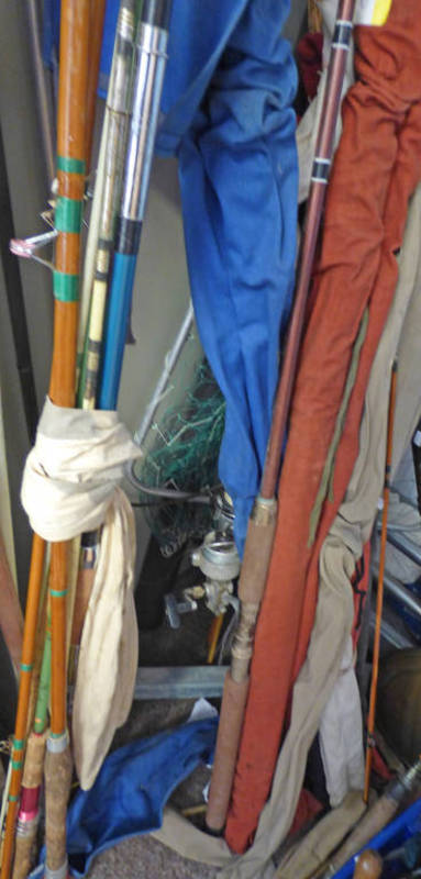 LARGE SELECTION OF VARIOUS FISHING RODS, NETS,