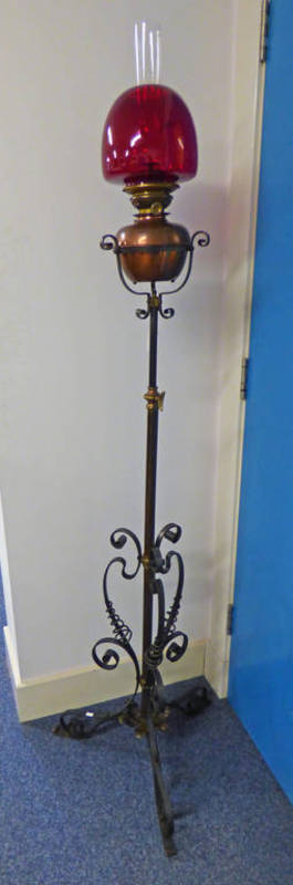 LATE 19TH CENTURY WROUGHT IRON PARAFFIN LARGE STAND WITH COPPER BOWL & RED SHADE