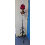 LATE 19TH CENTURY WROUGHT IRON PARAFFIN LARGE STAND WITH COPPER BOWL & RED SHADE