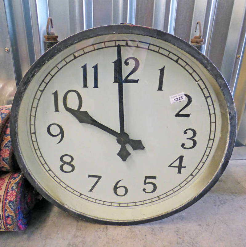 20TH CENTURY CIRCULAR DOUBLE SIDED RAILWAY STATION CLOCK WITH PAINTED FACES,