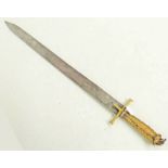 SUDANESE SWORD WITH ETCHED DOUBLE EDGED BLADE, BRASS CROSS PIECE AND HIDE BOUND GRIP,