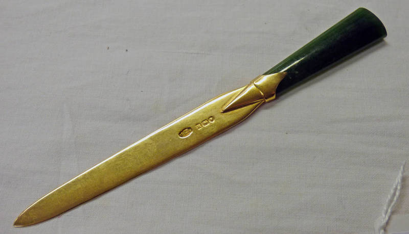 LETTER OPENER WITH NEPHRITE HANDLE AND SILVER GILDED BLADE BY JOHN COLLARD VICKERY ,