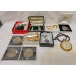 INGERSOLL POCKET WATCH, COMMEMORATIVE CROWNS, VARIOUS COSTUME JEWELLERY,