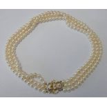 3-ROW CULTURED PEARL CHOKER NECKLACE WITH GOLD CLASP MARKED 18K & 750 PAVE SET WITH DIAMONDS