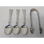 3 SILVER TEASPOONS & PAIR OF SILVER TONGS 3.