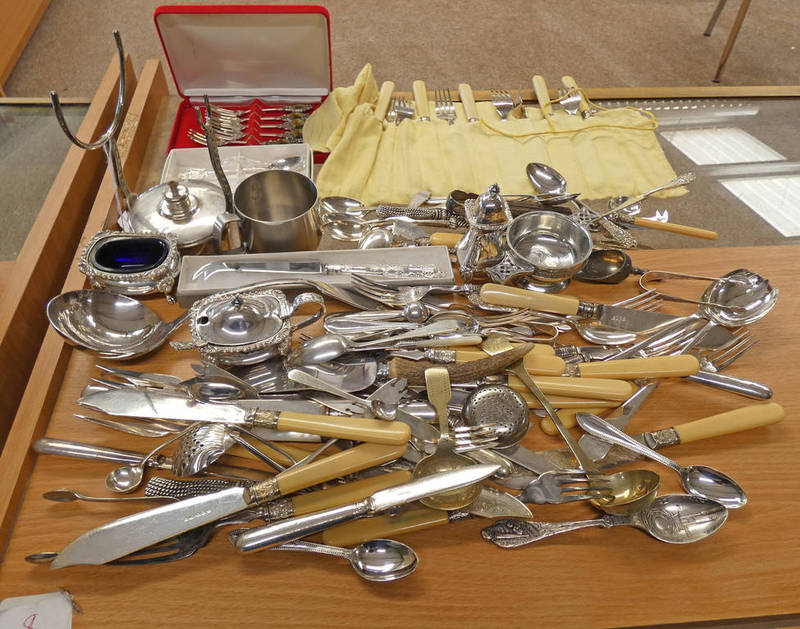 3 PIECE CRUET SET, PIPERS QUAICH, VARIOUS CUTLERY, SILVER SPOONS, SILVER HANDLED BUTTER KNIFE,