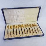 CASED SET OF 12 DANISH SILVER GILT AND ENAMELLED COFFEE SPOONS MARKED 925 S
