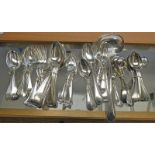 GOOD SELECTION OF SILVER PLATED SOUP LADLES, SERVING SPOONS, CUTLERY,