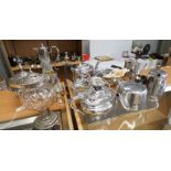 SILVER PLATED SPIRIT KETTLE ON STAND, CLARET JUG WITH SILVER PLATED MOUNTS, 2 COFFEE POTS, TEASETS,