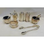 2 SILVER PEPPERS, 2 SILVER MUSTARD POTS, SILVER NAPKIN RING, SILVER TONGS,