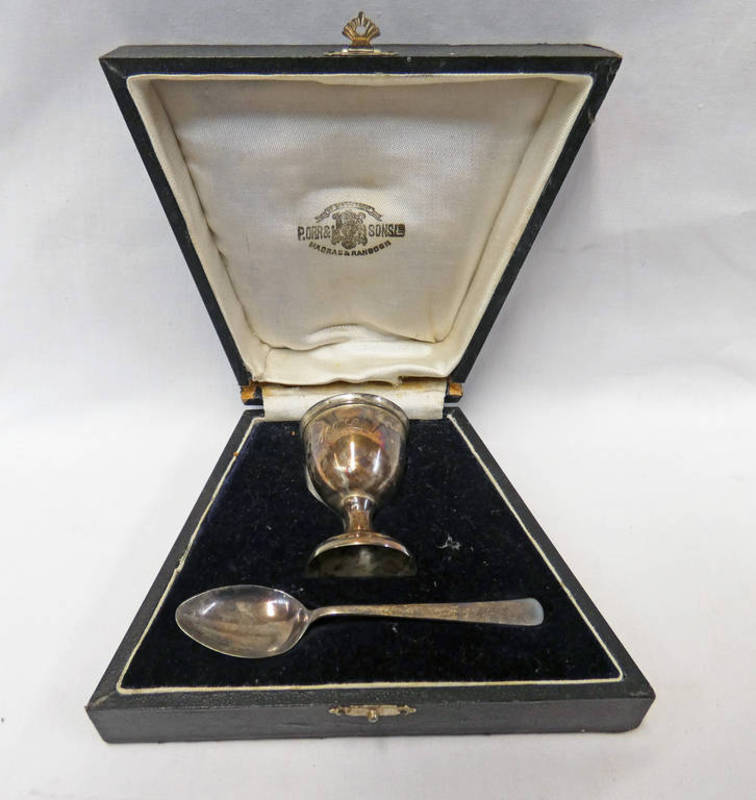 INDIAN SILVER CASED SPOON AND EGG CUP BY P.