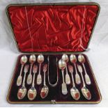 CASED SET OF 12 SILVER TEASPOONS & TONGS IN FITTED CASE