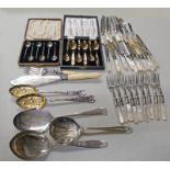 GOOD SELECTION MOTHER OF PEARL HANDLED CUTLERY, PAIR OF FRUIT SPOONS WITH GILDED BOWLS,