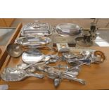 2 19TH CENTURY CANDLEHOLDERS, VARIOUS SILVER PLATED CUTLERY,