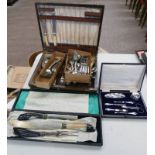 HORN HANDLED CARVING SET, VARIOUS SILVER PLATED CUTLERY,