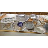 VARIOUS SILVER PLATED WARE TO INCLUDE MUSTARD POTS, SALVERS,