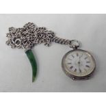 935 SILVER OPENFACE FOB WATCH WITH GOLD & SILVER DECORATED ENAMEL DIAL,