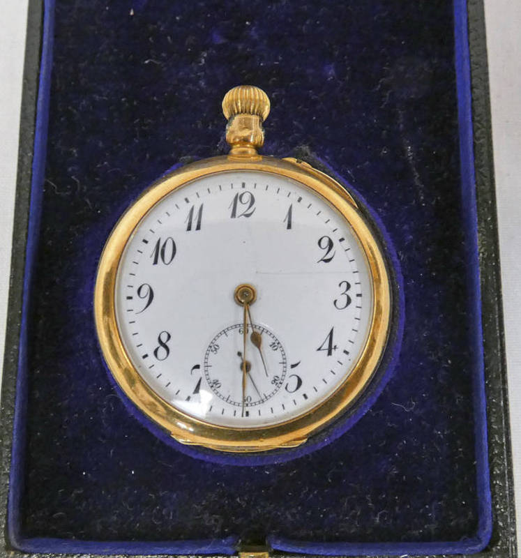 18K GOLD OPEN FACE FOBWATCH WITH ENAMEL DIAL Condition Report: Initials to rear,