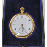 18K GOLD OPEN FACE FOBWATCH WITH ENAMEL DIAL Condition Report: Initials to rear,