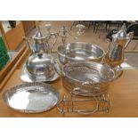 SILVER PLATED CANDELABRA, TEA POTS,