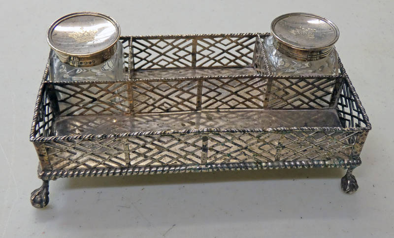 SILVER DESK SET HOLDER - LONDON 1762 AND PAIR OF SILVER TOPPED INKWELLS - LONDON 1884