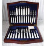MAHOGANY CASED FRUIT SET OF 12 FORKS & KNIVES WITH MOTHER OF PEARL HANDLES