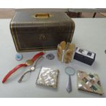 LEATHER JEWELLERY BOX WITH VARIOUS WRIST WATCHES INCLUDING ETERNA MATIC, COSTUME JEWELLERY,