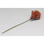 19TH CENTURY PINK CORAL SET TIE PIN WITH ROSE CARVING