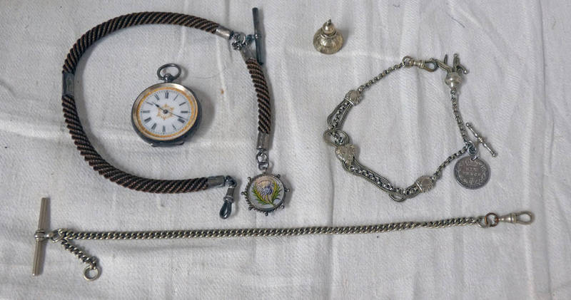 WHITE METAL FOB WATCH MARKED 935 WITH GILT DECORATED DIAL, HAIR ALBERT & WHITE METAL ALBERT,