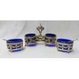 CONTINENTAL WHITE METAL DOUBLE SALT WHITE METAL CRUET SET WITH BLUE LINER AND PAIR OF MATCHING