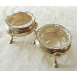 PAIR OF SILVER SALT CELLARS ON 3 HOOF FEET,