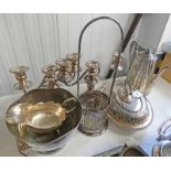 PAIR OF SILVER PLATED CANDLEABRA SILVER PLATED PUNCH BOWL OVAL ENTREE DISH,