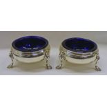 PAIR OF SILVER SALTS LONDON 1768 WITH BLUE GLASS LINER