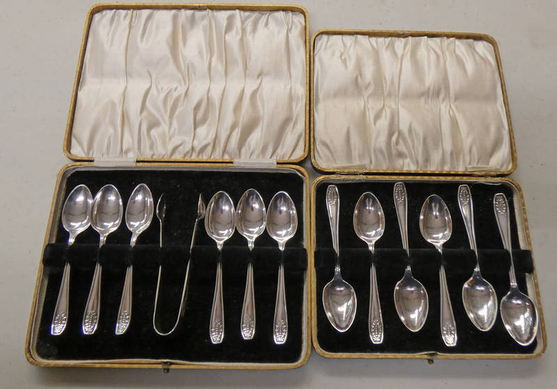 CASED SET OF 6 SILVER TEA SPOONS, SHEFFIELD 1932 & CASED SET OF 6 SILVER TEASPOONS & TONGS,