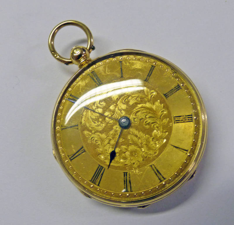 18CT GOLD OPEN FACE FOB WATCH WITH ENAMEL DECORATION TO REAR CASE,