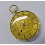 18CT GOLD OPEN FACE FOB WATCH WITH ENAMEL DECORATION TO REAR CASE,