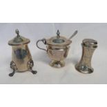 SILVER MUSTARD POT & SPOON SHEFFIELD & 2 SILVER PEPPERS