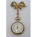 BLUE ENAMEL & ROSE CUT DIAMOND DECORATED FOB WATCH ON BLUE ENAMELLED PEARL SET BOW