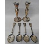 2 SILVER CANDLESTICKS, BIRMINGHAM & 4 SILVER TEASPOONS, EDINBURGH,