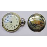 LOHENGRIN WHITE METAL CASED POCKET WATCH WITH HUNTING SCENE DECORATION